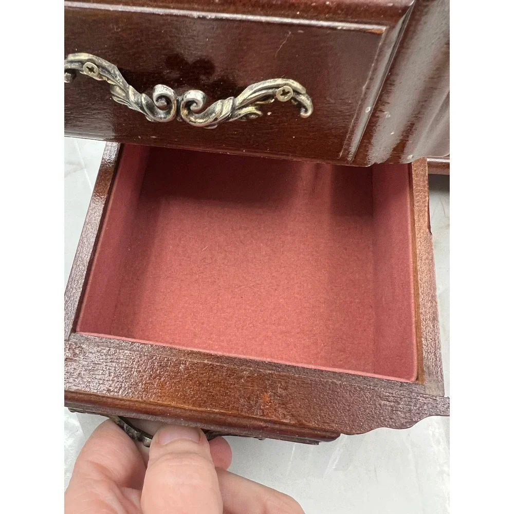 Vintage Wooden Jewelry Armoire Chest 10 Drawer Etched Glass Rotating Carousel